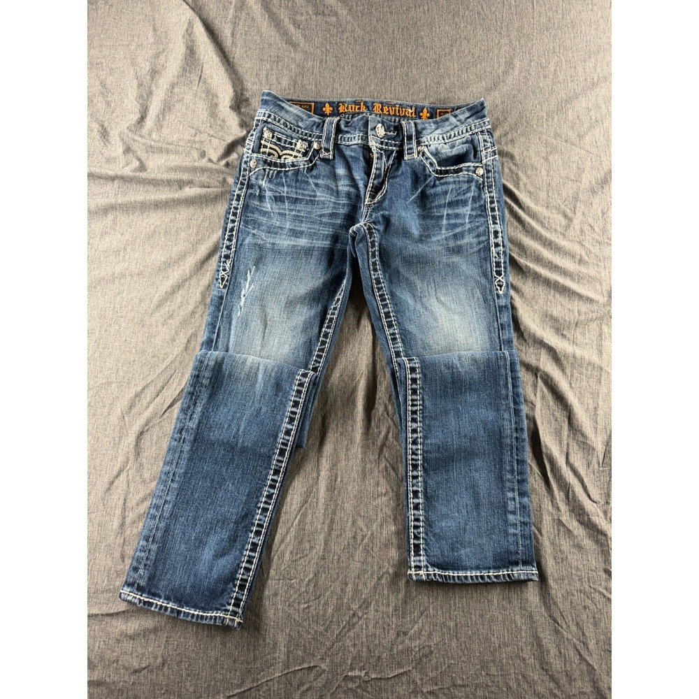 Rock Revival Womens Jeans 27 Bootcut Blue Embellished Fleur De Lis Stretch